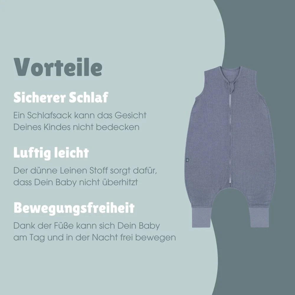Emma & Noah Leinen Schlafsack mit Füßen 0.5 TOG 90cm Essential Blau