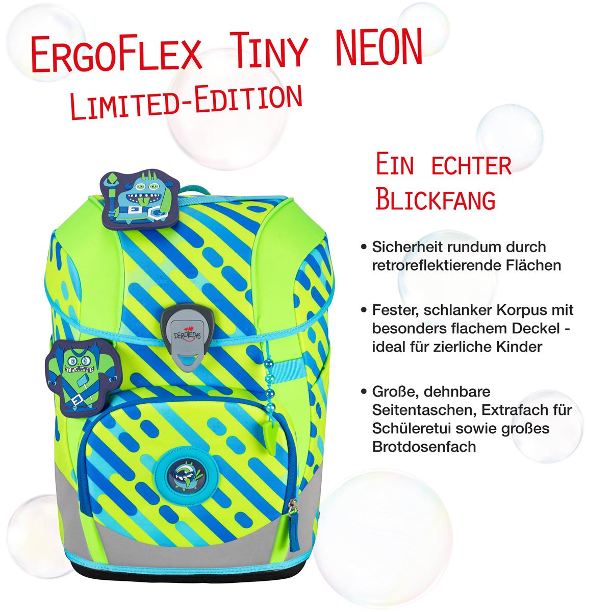 Der Die Das Schulranzen-Set Ergoflex Tiny 5 tlg. NEON Set Monster