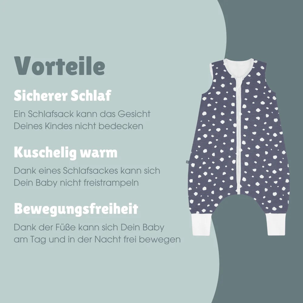 Emma & Noah Schlafsack mit Füßen 1.0 TOG 90cm Punkte Blau
