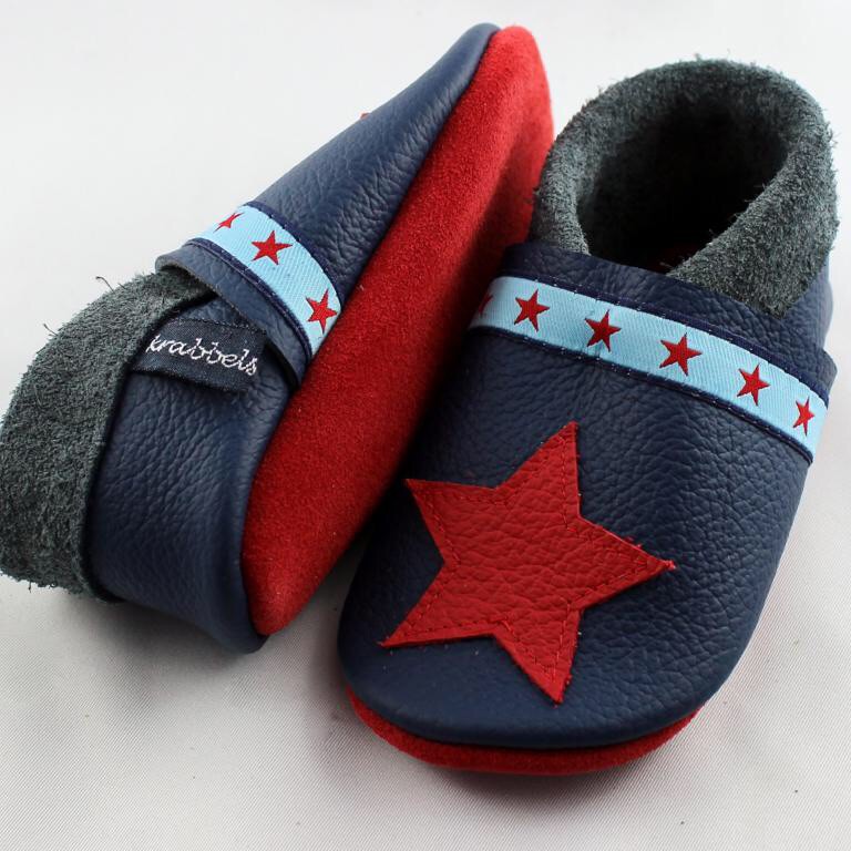 Krabbelschuhe aus Leder blau / roter Stern 20