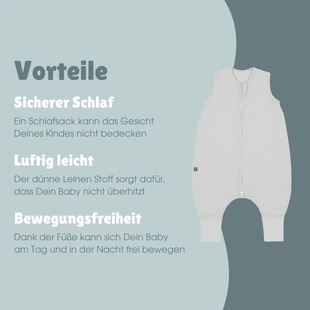 Emma & Noah Leinen Schlafsack mit Füßen 0.5 TOG 90cm Essential Grau