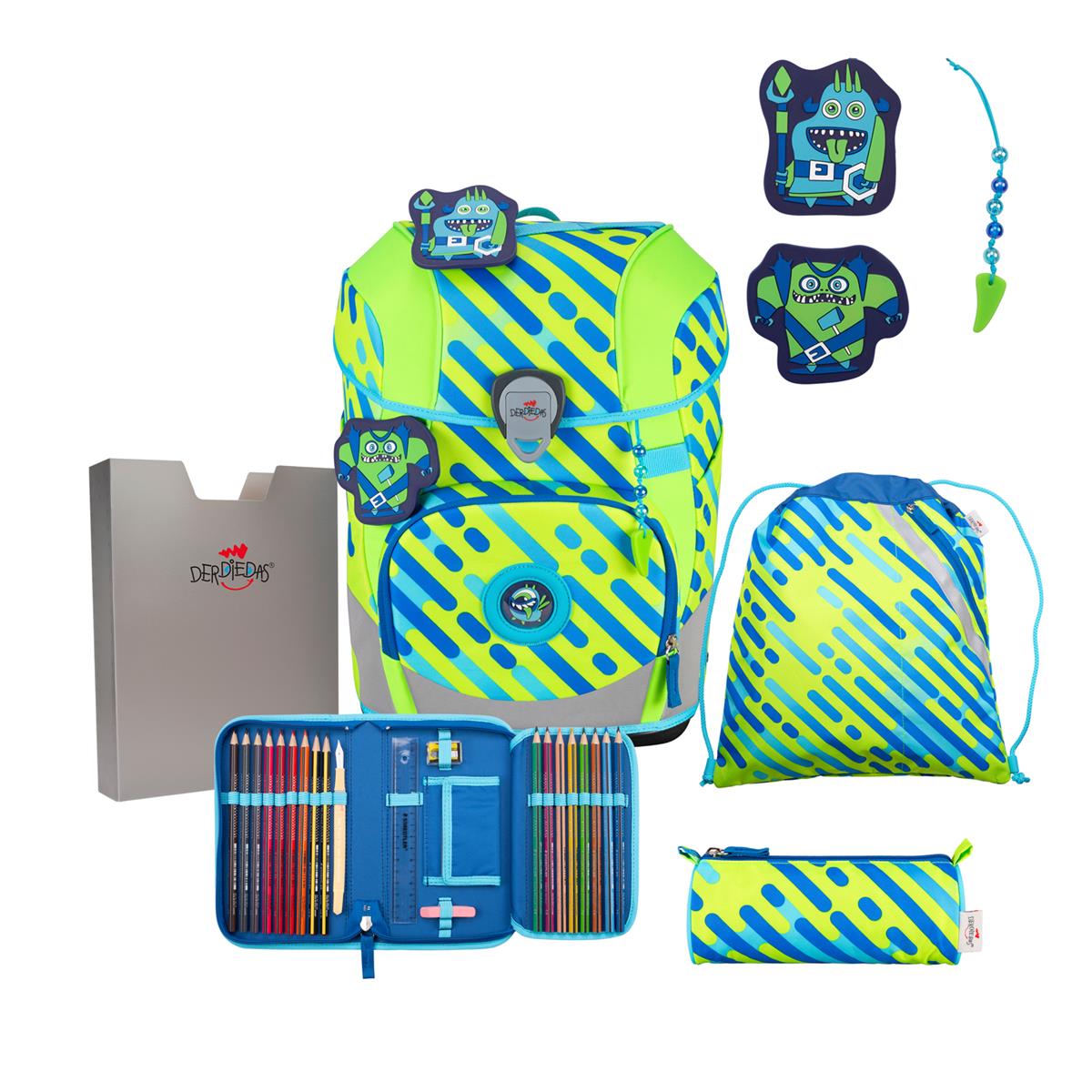 Der Die Das Schulranzen-Set Ergoflex Tiny 5 tlg. NEON Set Monster