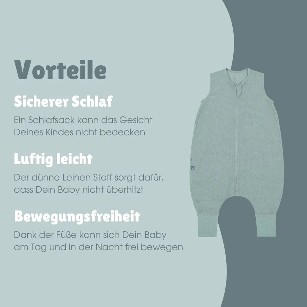 Emma & Noah Leinen Schlafsack mit Füßen 0.5 TOG 90cm Essential Mint