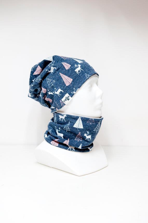Twiga Mütze mit Loop Forest Denim / weiß / rosa (2 - 6 Jahre / 44 cm)